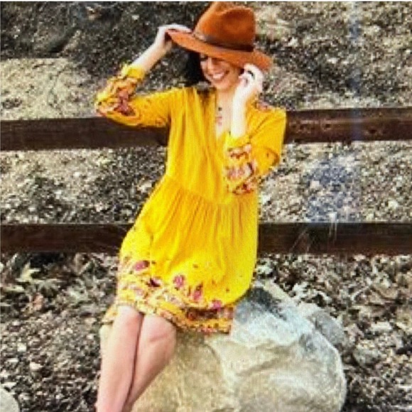 Anthropologie Floreat Raella Mustard Embroidered Boho Tiered Tunic Dress XL - Picture 5 of 16